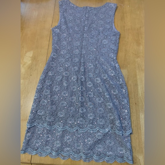 New CONNECTED APPAREL Gray Lace Pink Shimmer DRESS size 10 Layered Scalloped hem - Picture 7 of 7